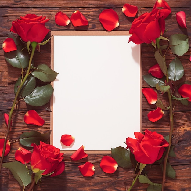 Valentines Day or wedding theme red roses and blank paper For Social Media Post Size