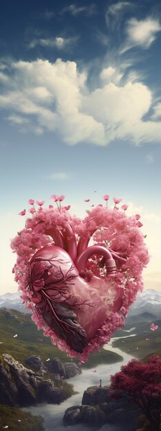 Valentines day whimsical surreal heart in full pink bloom spring landscape