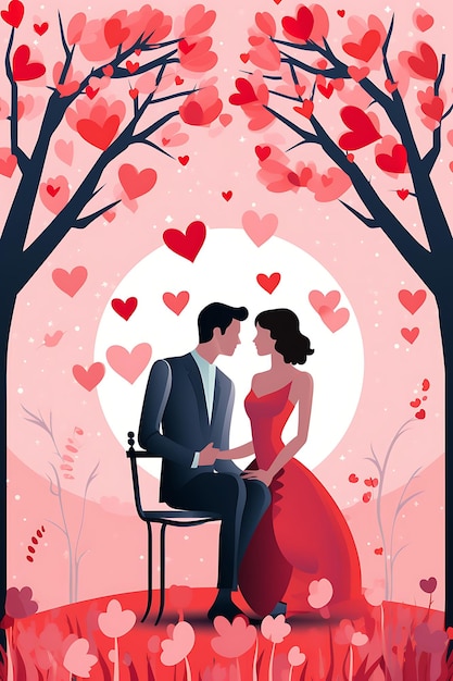 Valentines Day With Couples on Dates Red and Pink Heart Patt International Day Creative Poster Art