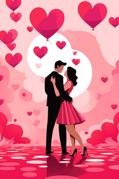 Valentines Day With Couples on Dates Red and Pink Heart Patt International Day Creative Poster Art