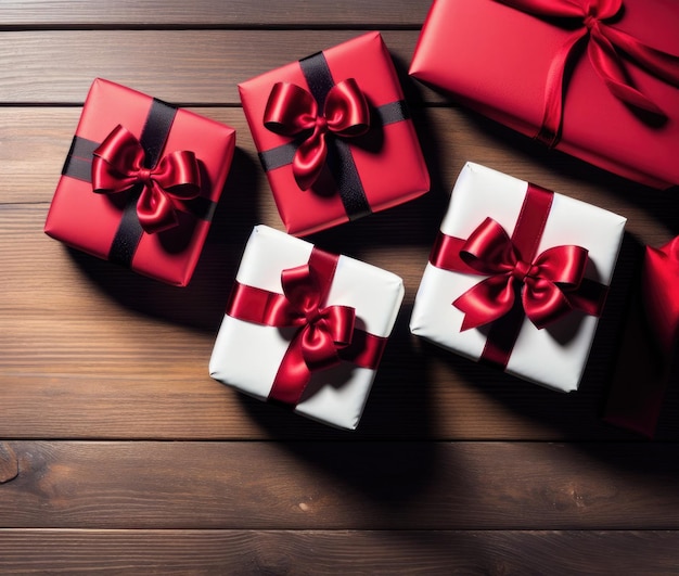 Valentines gift boxes and red ribbon on wooden background