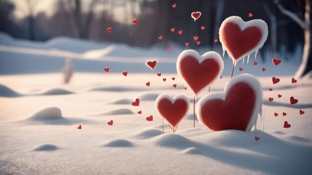 Valentines hearts on winter snow background valentines day concept