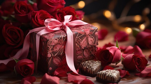 Foto valentini in confezione di scatole di cioccolato con nastro di raso e fiore di rosa su uno sfondo di lusso assortimento