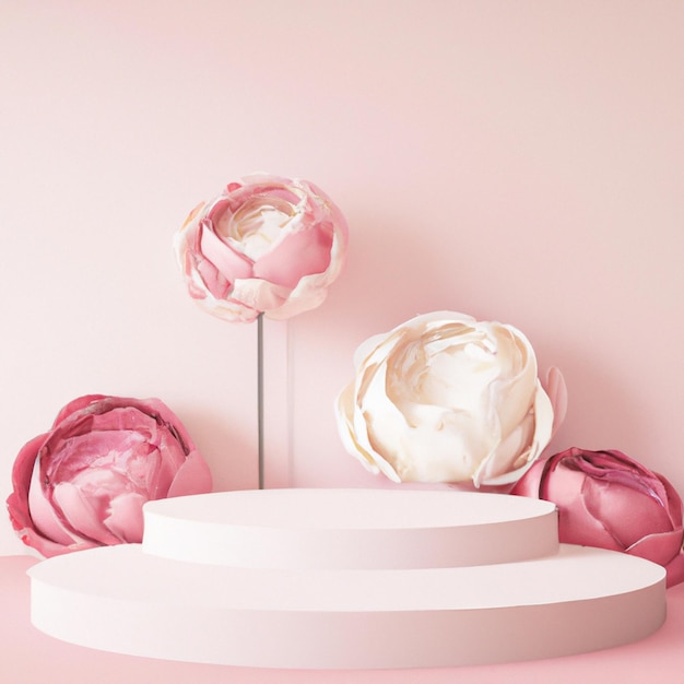 Valentines podium pedestal with pink rose flower create with generative ai technology.