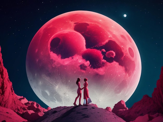 Valentines two lovers on the moon background