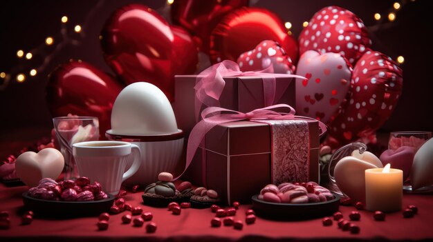 Foto valentines verpakking chocoladedoosjes met satijn lint en roosbloem op luxe achtergrond assortiment