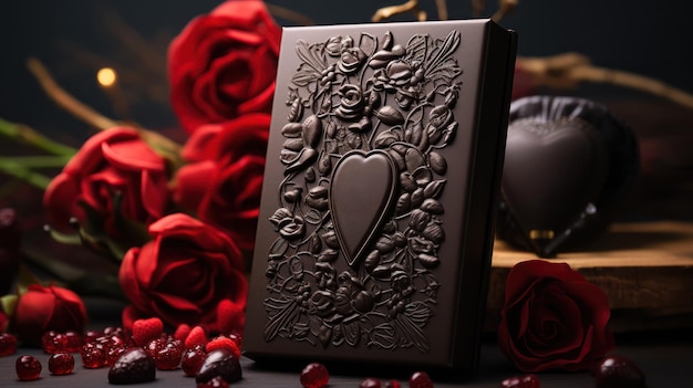 Foto valentines verpakking chocoladedoosjes met satijn lint en roosbloem op luxe achtergrond