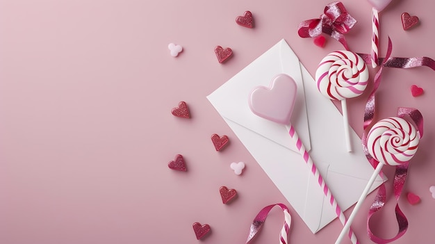 Foto cartella di auguri verticale di san valentino con regalo lettera d'amore vuota lecca-lecca rosa cuori ai generativa