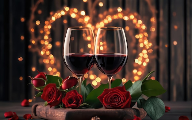 Valentines wine and roseheart background