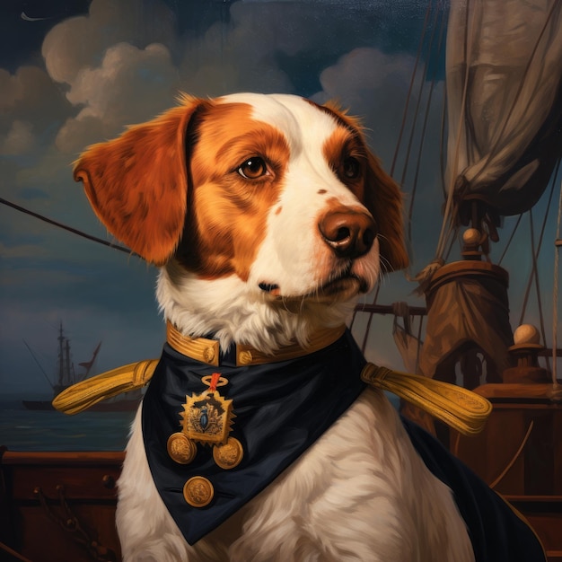 Photo the valiant admiral a majestic portrait of a freckled dog conquering the high seas in an old master