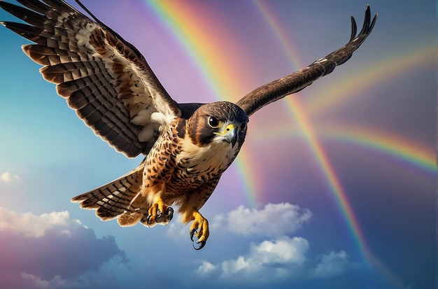 Valk in vlucht met regenboog achtergrond 6 1jpg