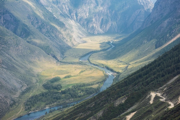 Vallei van de rivier van chulyshman altai bergen rusland mooie zomerdag