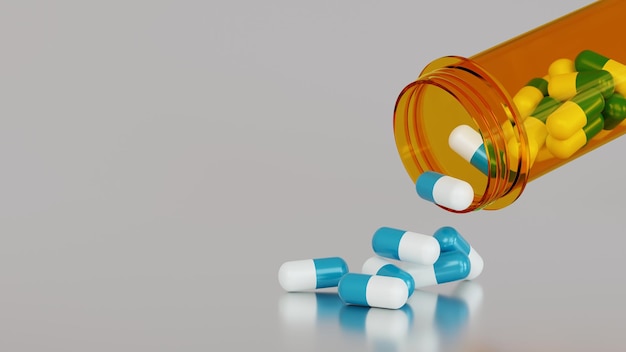 Vallende antibiotica capsules uit de pil fles medische concept 3D-rendering