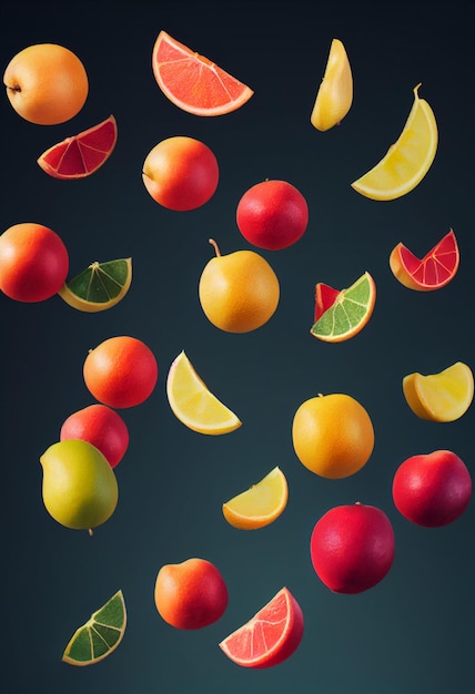 Vallende fruitsamenstelling achtergrond appels, sinaasappels en ander fruit