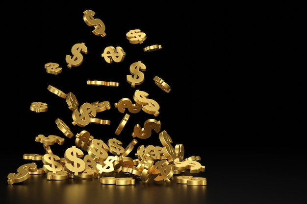 Vallende gouden dollarteken. 3D-weergave.