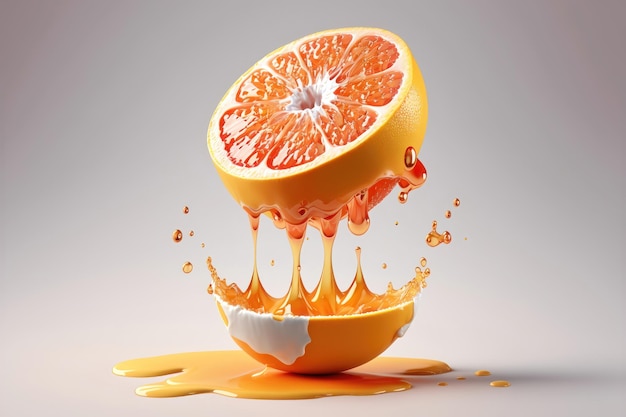 Vallende grapefruitplak en druppel druppels sap geïsoleerd AI gegenereerd