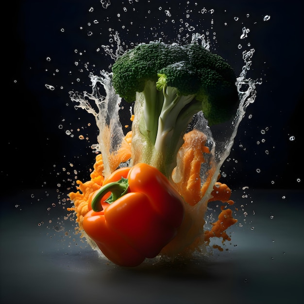 Vallende groenten met water splash op zwarte achtergrond Gezond eten concept