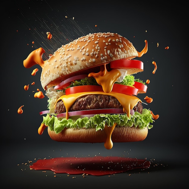 Vallende hamburger met drijvende ingrediënten, 3D-ontwerp realistische hamburger op abstracte achtergrond.