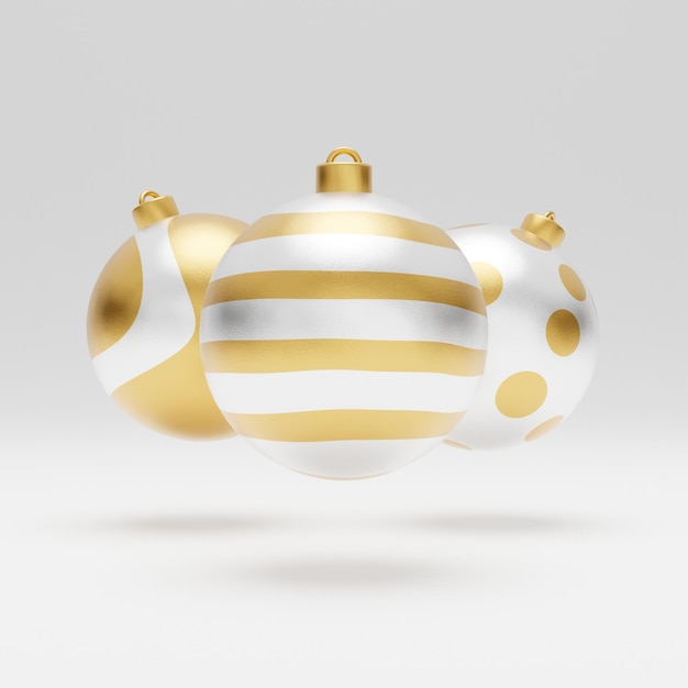 Vallende luxe gouden 3d kerst bal met patroon op witte achtergrond 3d-rendering happy new year luxe achtergrond met gouden en witte snuisterij bal