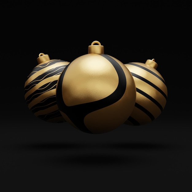 Vallende luxe gouden 3d kerst bal met patroon op zwarte achtergrond 3d-rendering happy new year luxe achtergrond met gouden en zwarte snuisterij bal