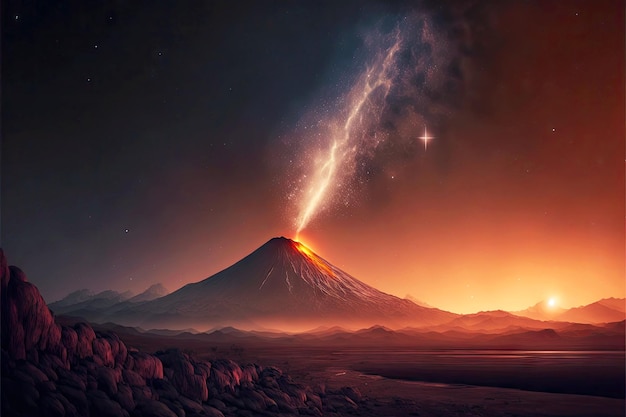 Vallende ster op starfall-nacht boven uitbarstende vulkanische bergen in wazige waas