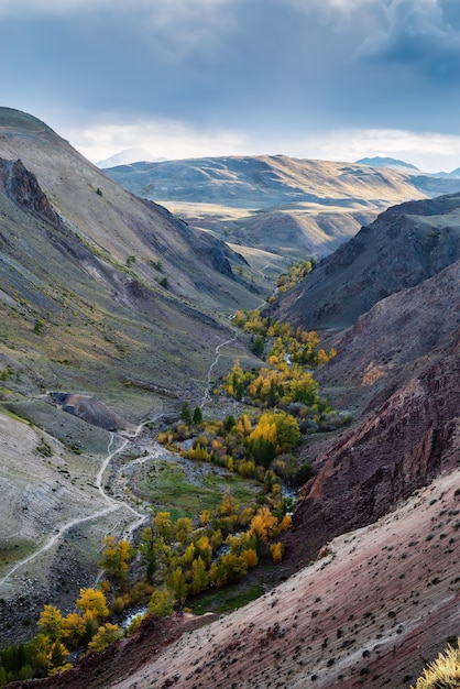 Valley of the Kyzylchin River, aerial view. Autumn in the Altai Mountains