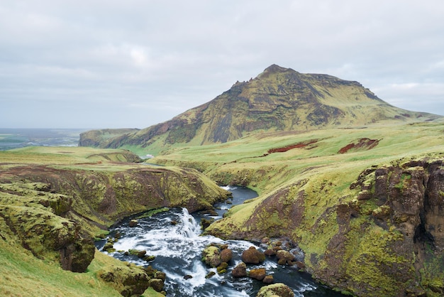 Valley of the Skoga River near the waterfall Skogafoss Iceland