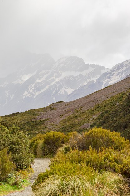 Valley in the Southern Alps among snowcapped mountains Scenic trek to Hooker Lake South Island New Zealand