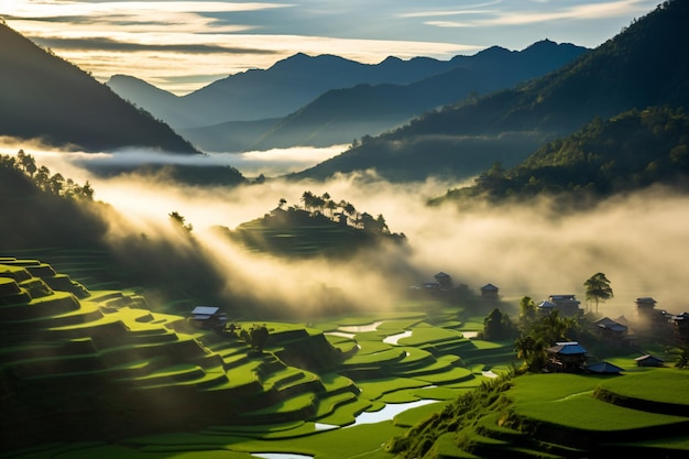 a valley with a lot of green grass and a few houses