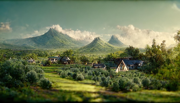 Valley with rural houses at the foot of the mountains Foliage green