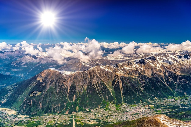 Valley with villages between snowy mountains Chamonix Mont Blan