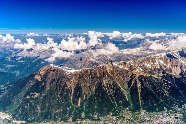 Valley with villages between snowy mountains Chamonix Mont Blanc HauteSavoie Alps France