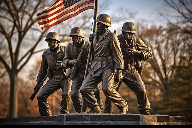 Photo valor in bronze wwii soldiers memorial statue with american flag