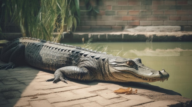 Valse Gharial zonnebaden in de buurt van de vijver Illustratie AI GenerativexA