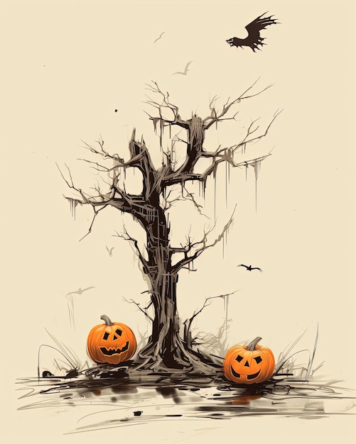 value study sketch of a dead tree and halloween pumpkins