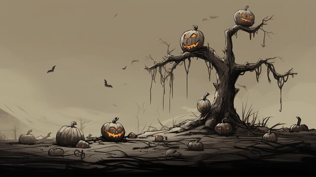 value study sketch of a dead tree and halloween pumpkins