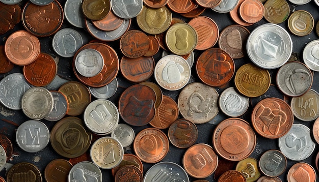 Valuta samenstelling Creatieve close-up van artistieke muntstapel met verschillende maten en denominaties