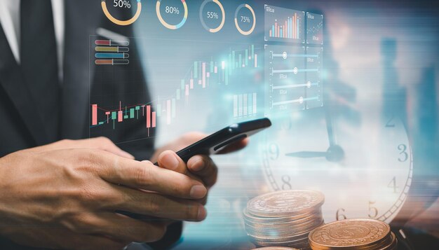 Valutawissel geldoverdracht FinTech financiële technologie Wereldeconomie rapport Man met behulp van mobiele telefoon met forex trading grafiek beursrapport