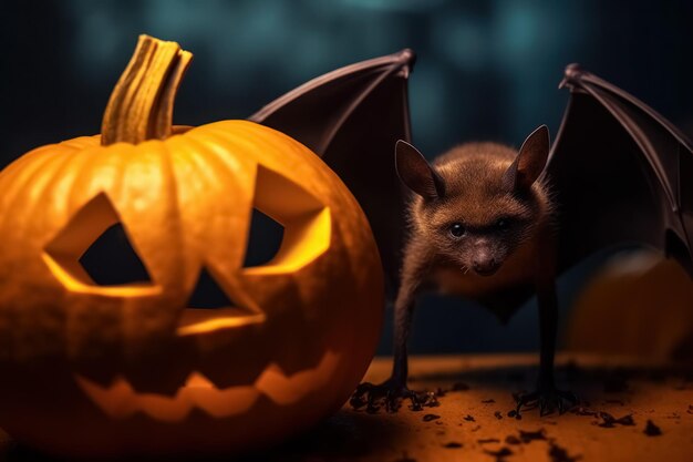 Foto vampier met gespreide vleugels en pompoen met gesneden masker van jack hoofd voor halloween op bruine achtergrond generatieve ai