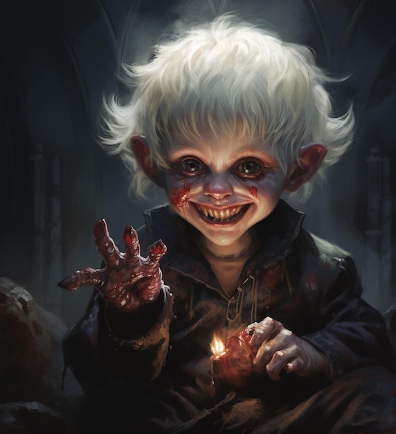Photo vampire baby boy with sharp teeth and scary eyes