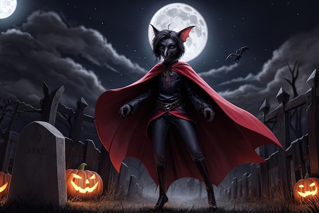 Vampire crown human hybrid in graveyard at moonlit halloween night halloween illustration
