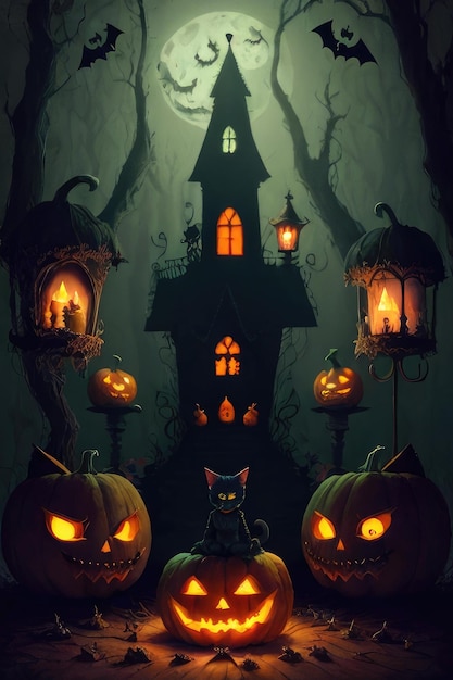 A vampire's castle against the background of the moon Halloween illustration