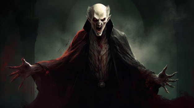 Vampire's Fury Een digitale kunst die een torenhoge vampier op hallo afschildert
