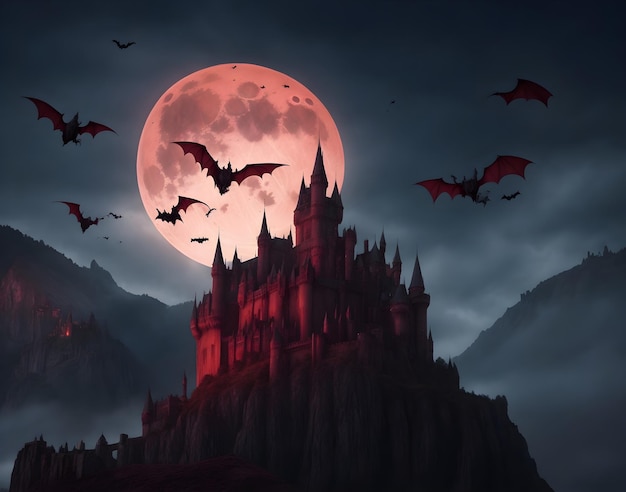 Vampire's Gothic Castle in Red Full Moon Background