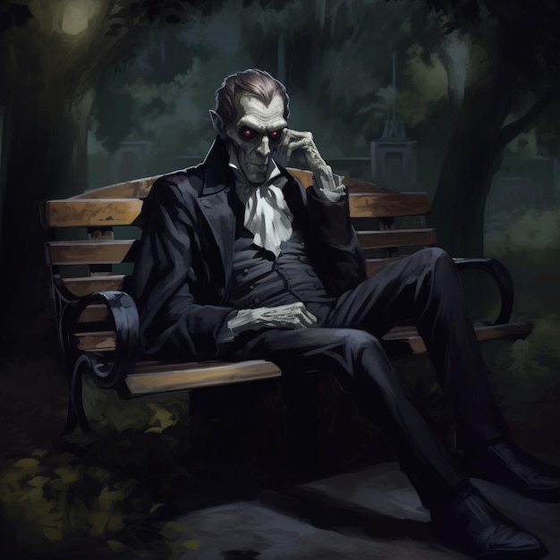 Vampire sitting on a bench in the garden surrounding his mansion