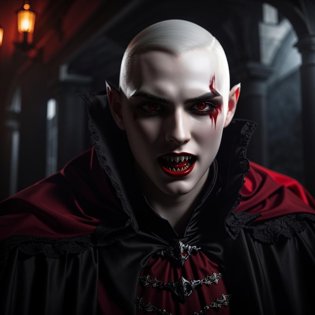 A vampire with pale skin and sharp fangs