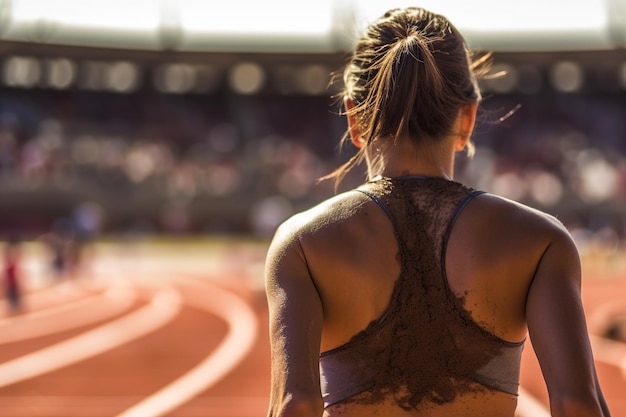 Van achteren staat een gefocuste atleet op een rubberen baan bij een sportevenement, klaar om te sprinten