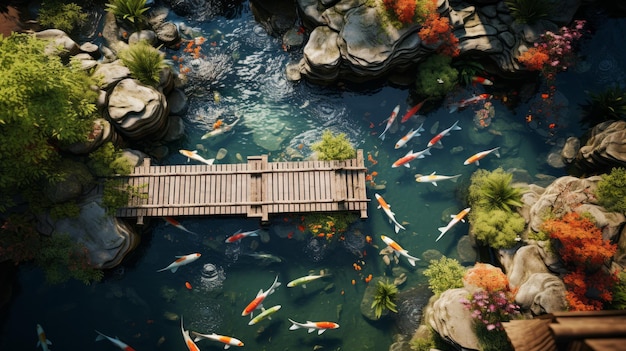 Van boven naar beneden een vreedzame Japanse Koi-vijver met een houten brug