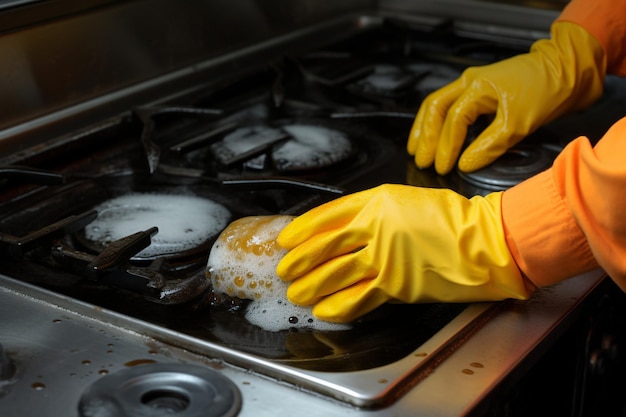 Van boven naar beneden zicht Vrouwen met handschoenen schrobben de kachel en vinden vreugde in het schoonmaken na het koken