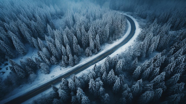 Van boven snijdt een kronkelende weg door een met sneeuw bedekt winterwoud.